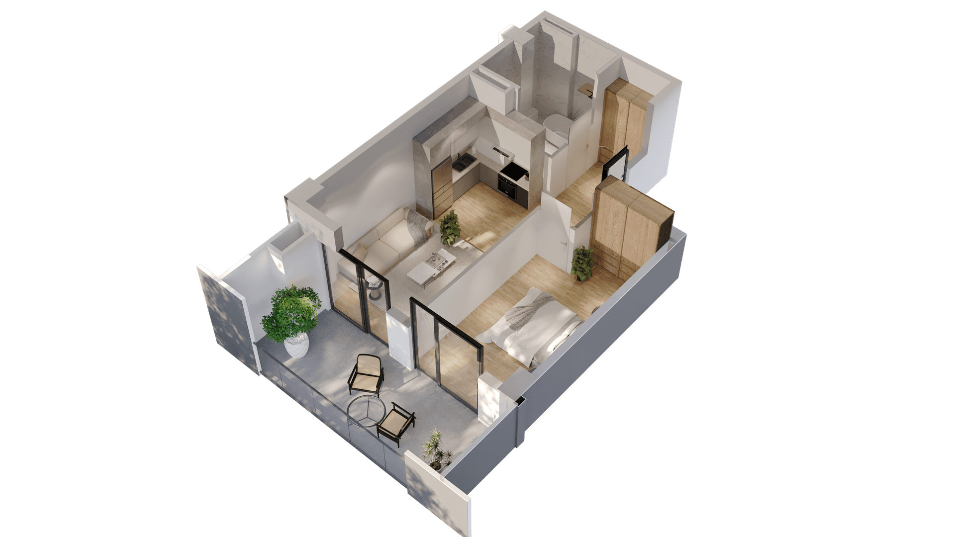 1 Спальня apartment 1002 — 3D render